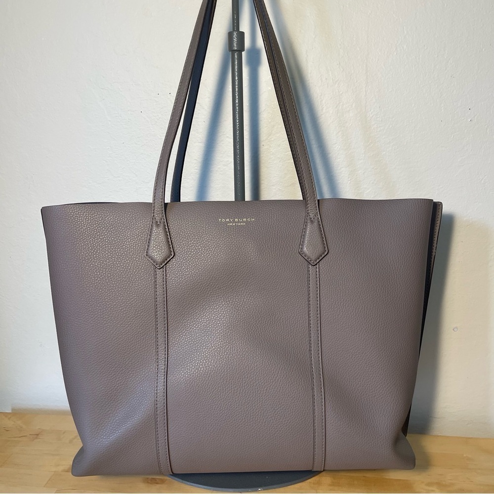 Tory Burch Perry Triple-Compartment Tote Black Pebbled Leather Work Laptop Bag